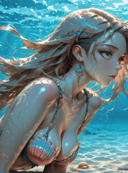 mermaid, seaweed, coral, fish, shells, water, sunlight, scales, waves, sunbeams
