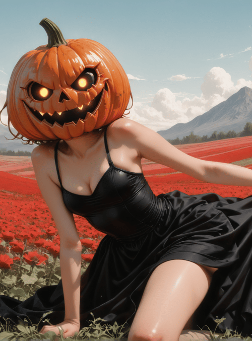 pumpkin head, woman, red flowers, black dress, mountains