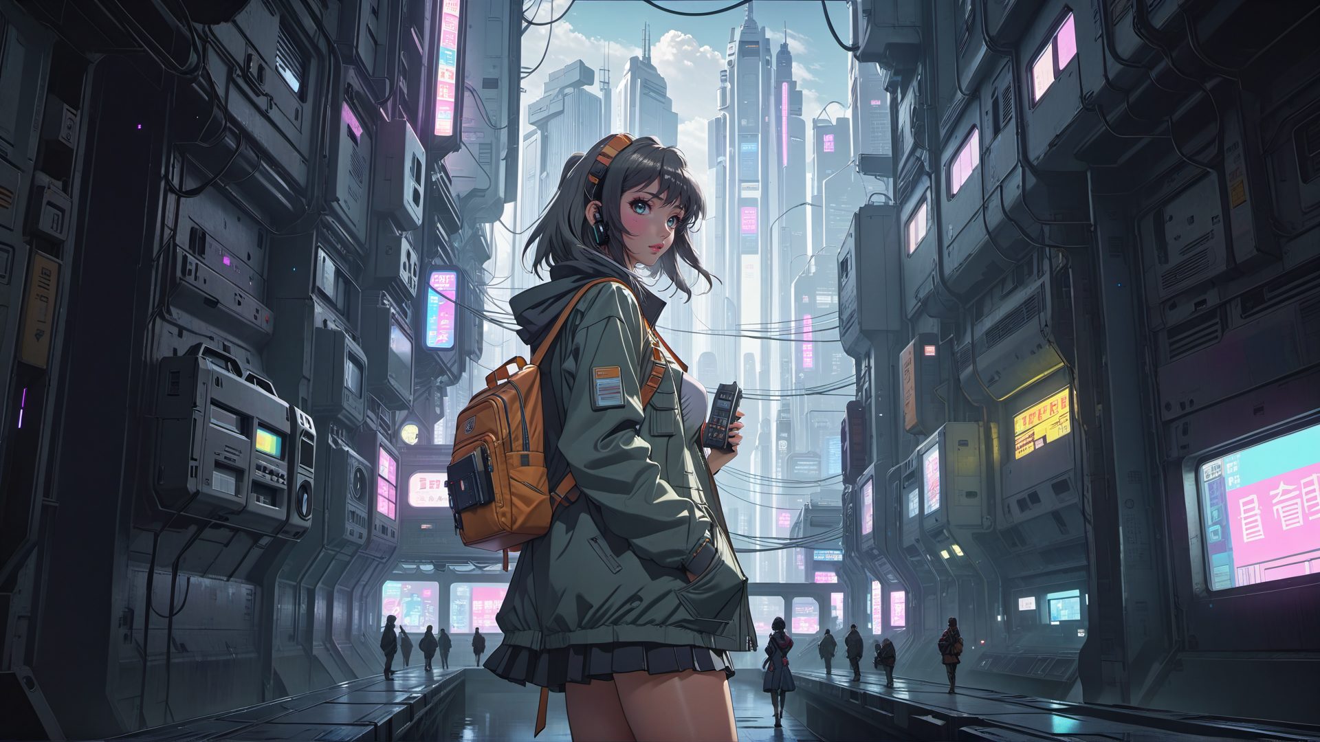 AI generated wallpaper featuring girl, city, skyscrapers