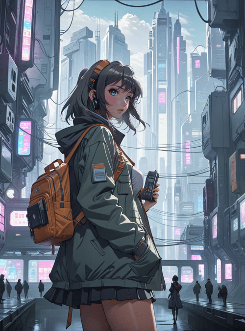 girl, city, skyscrapers