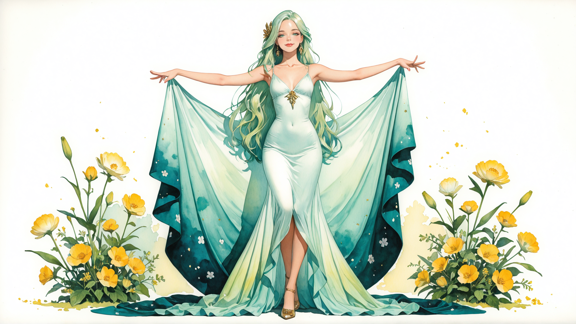 AI generated wallpaper featuring woman, dress, flowers, veil, gown, silk, hair, goddess, garden, headdress