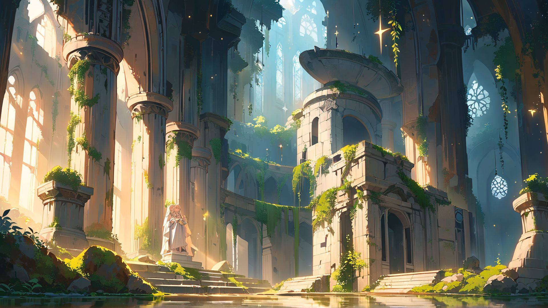 AI generated wallpaper featuring cathedral, statue, vines, columns, light, water, rocks, arches, plants, dome