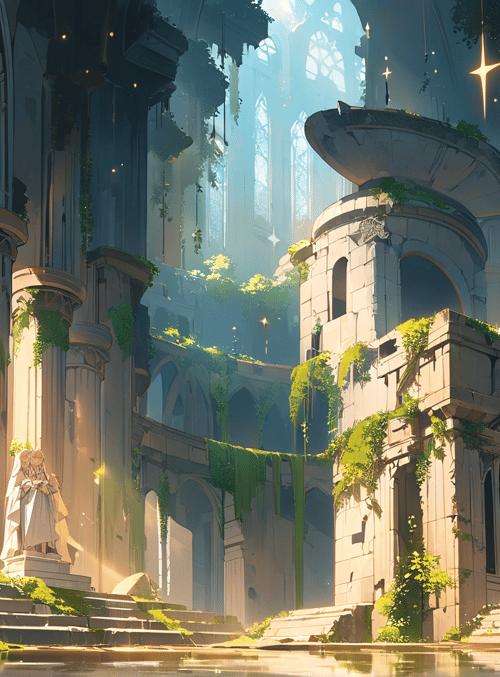 cathedral, statue, vines, columns, light, water, rocks, arches, plants, dome