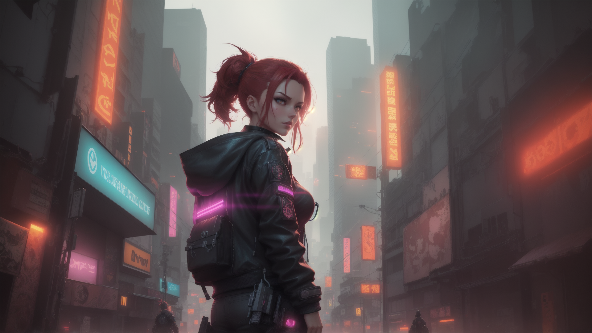 AI generated wallpaper featuring woman, city, neon