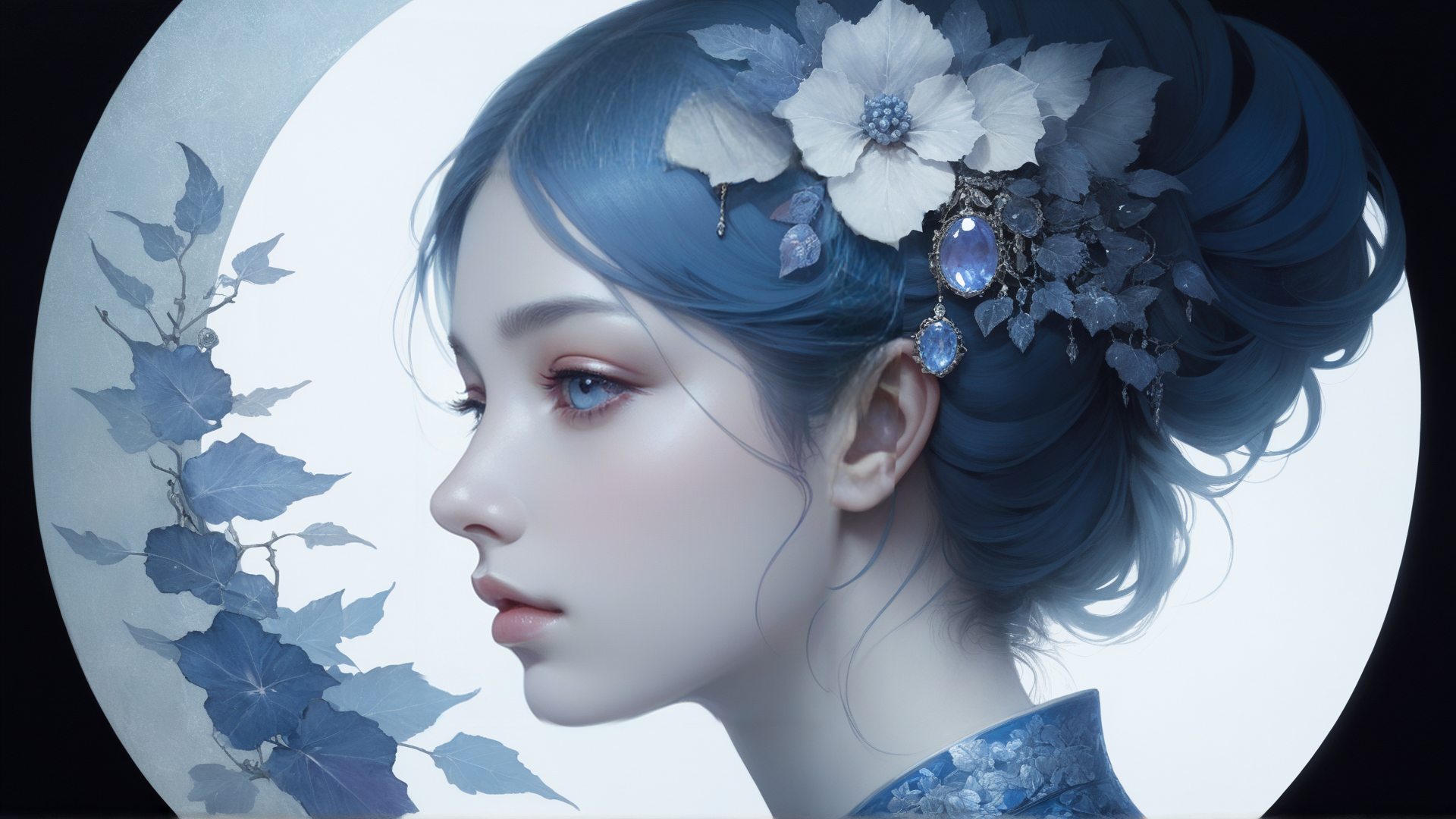 AI generated wallpaper featuring woman, flowers, moon