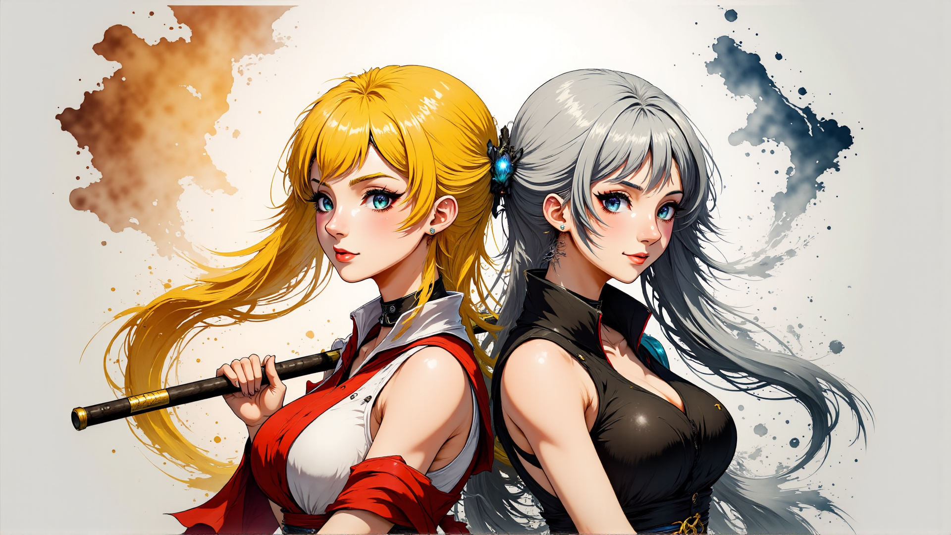 AI generated wallpaper featuring girls, anime, characters, sword, hair
