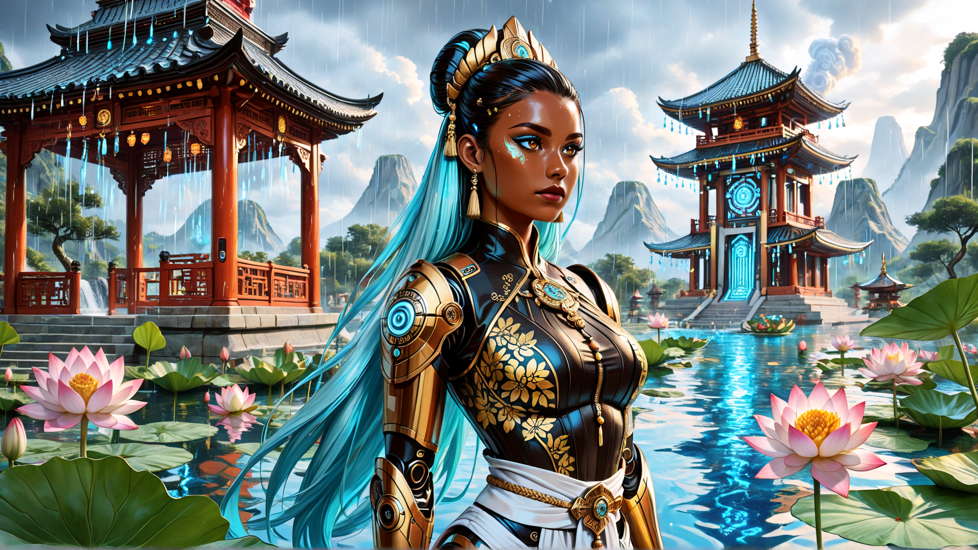 AI generated wallpaper featuring woman, lotus, pagoda, dragon, armor
