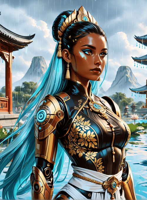 woman, lotus, pagoda, dragon, armor