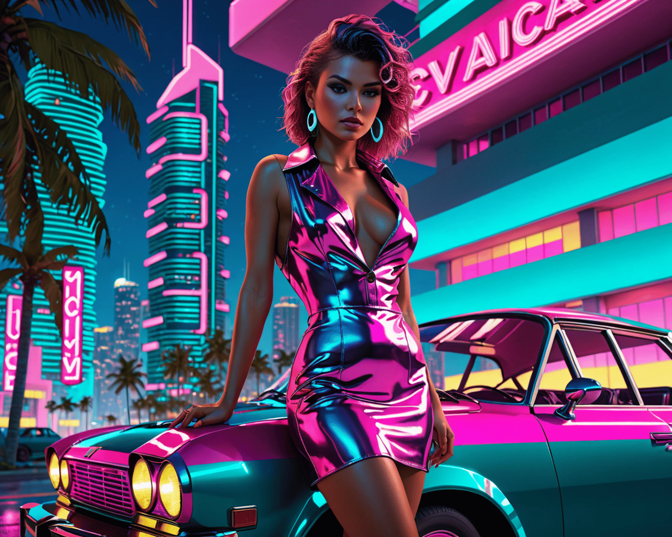 AI generated wallpaper featuring woman, car, city