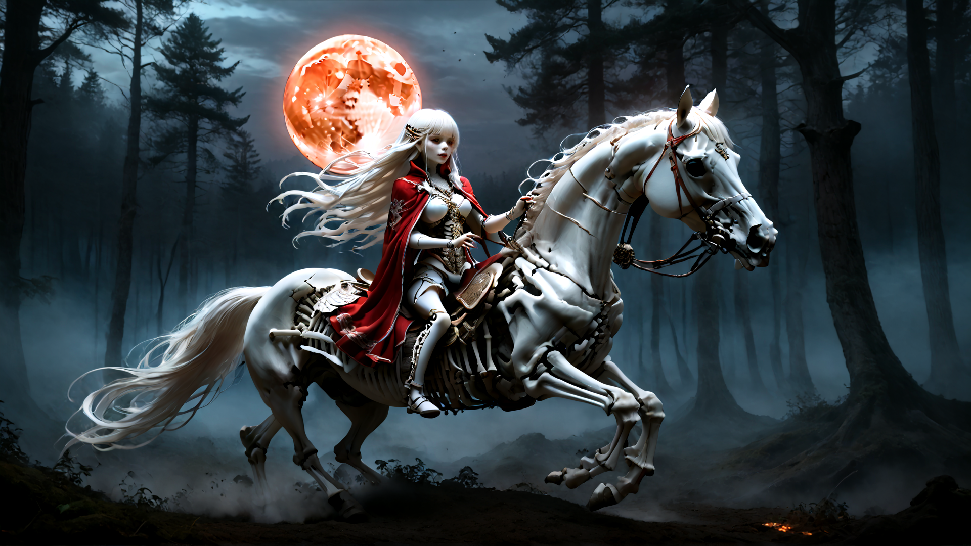 AI generated wallpaper featuring woman, skeleton horse, forest, full moon, cape