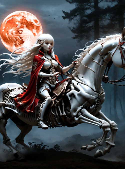 woman, skeleton horse, forest, full moon, cape