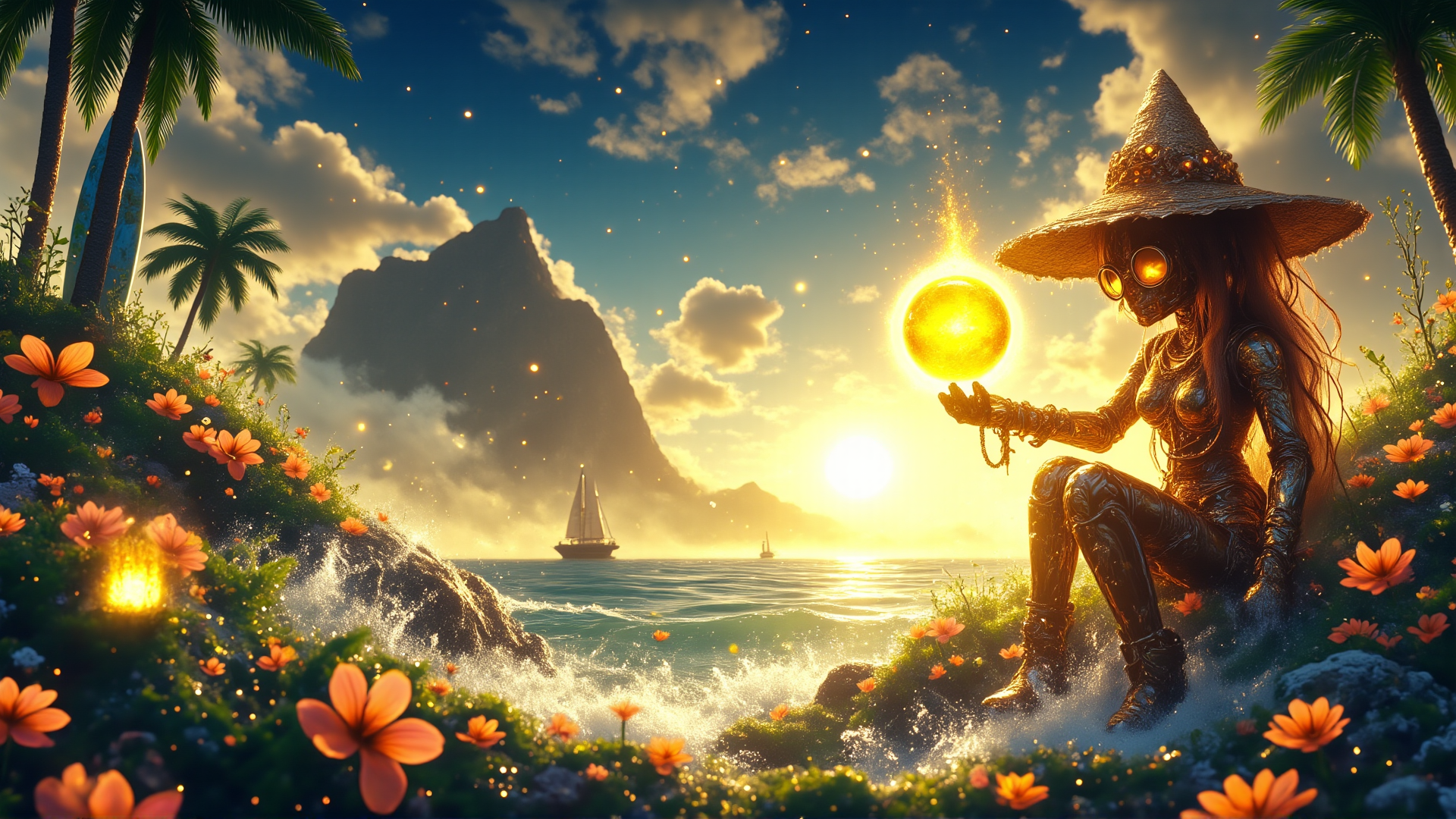 AI generated wallpaper featuring cyborg, witch, sundisk