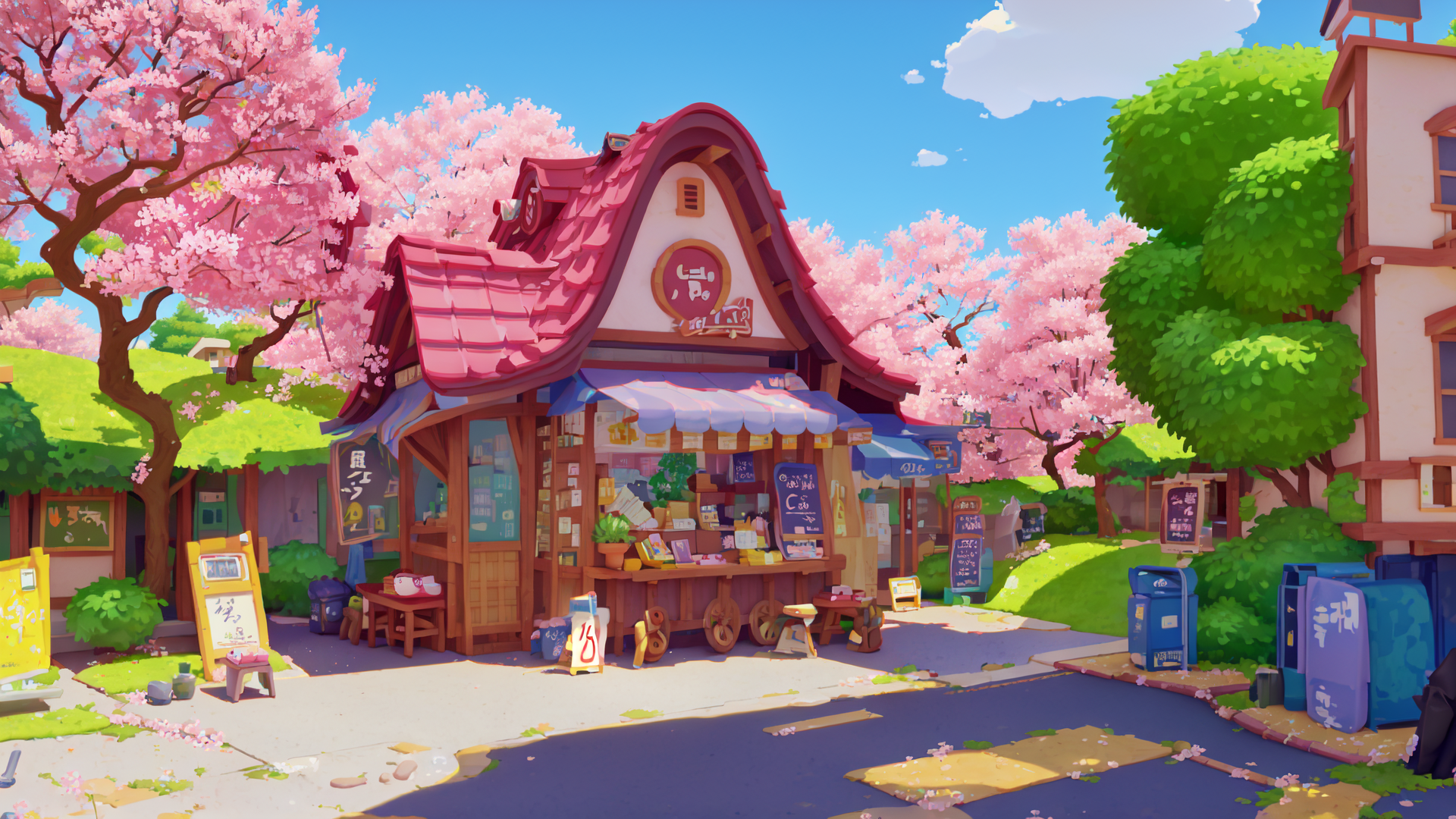 AI generated wallpaper featuring store, cherry tree, town, building, sign