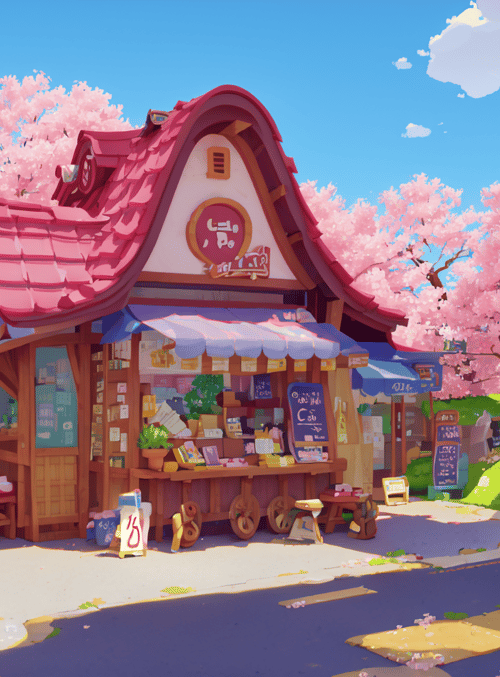 store, cherry tree, town, building, sign