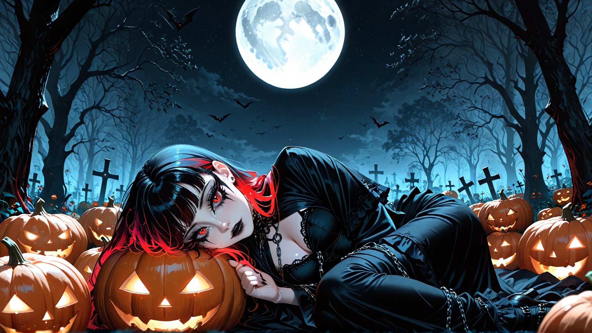 AI generated wallpaper featuring woman, pumpkin, trees, moon, bats, cross
