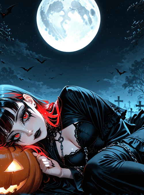 woman, pumpkin, trees, moon, bats, cross