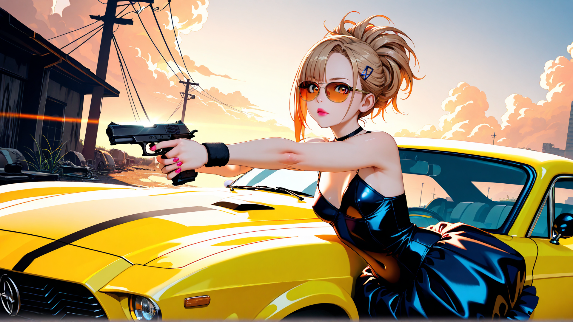 AI generated wallpaper featuring woman, gun, car, sunglasses, dress, hair, cityscape