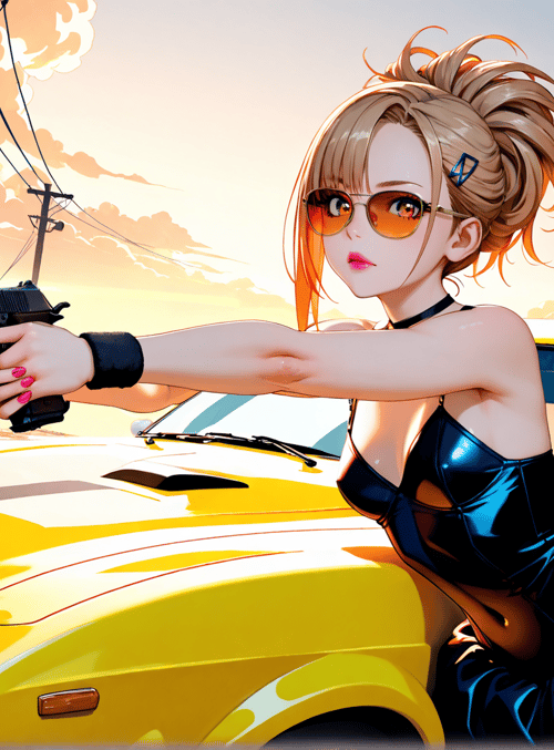 woman, gun, car, sunglasses, dress, hair, cityscape