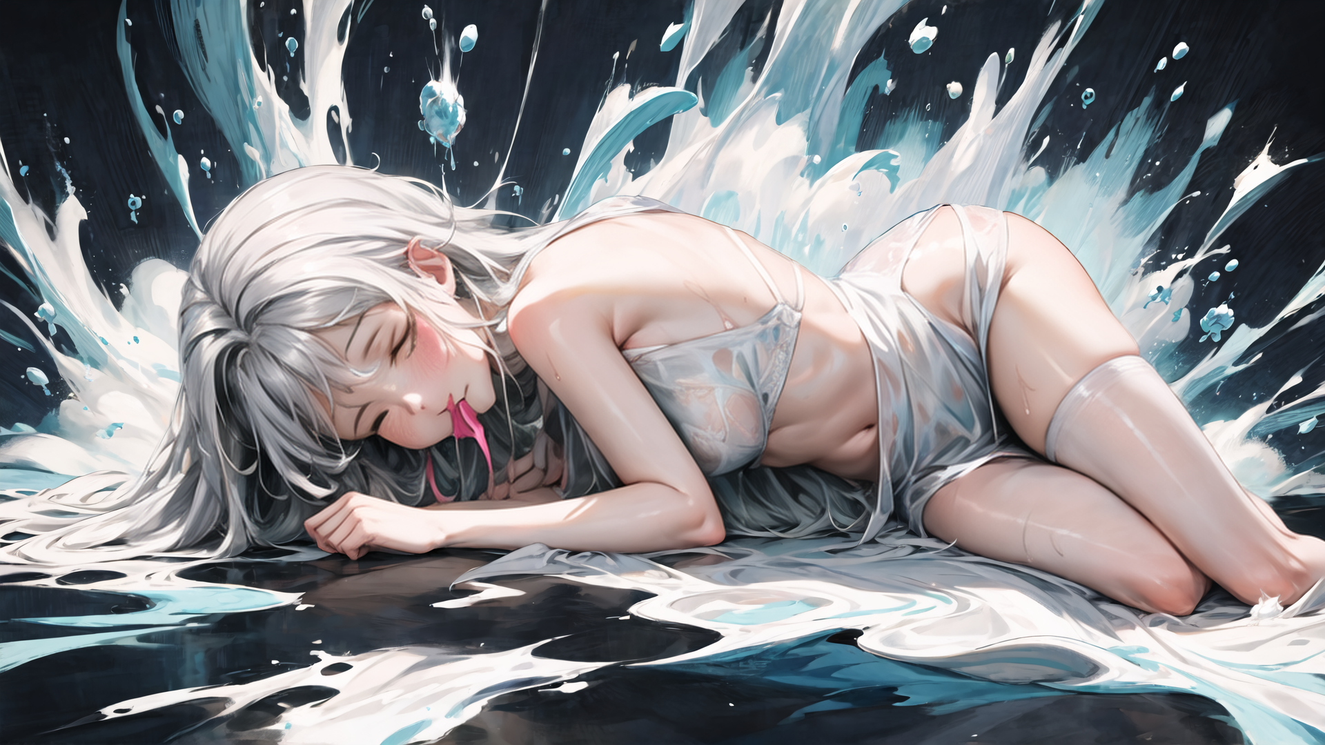 AI generated wallpaper featuring woman, water, anime