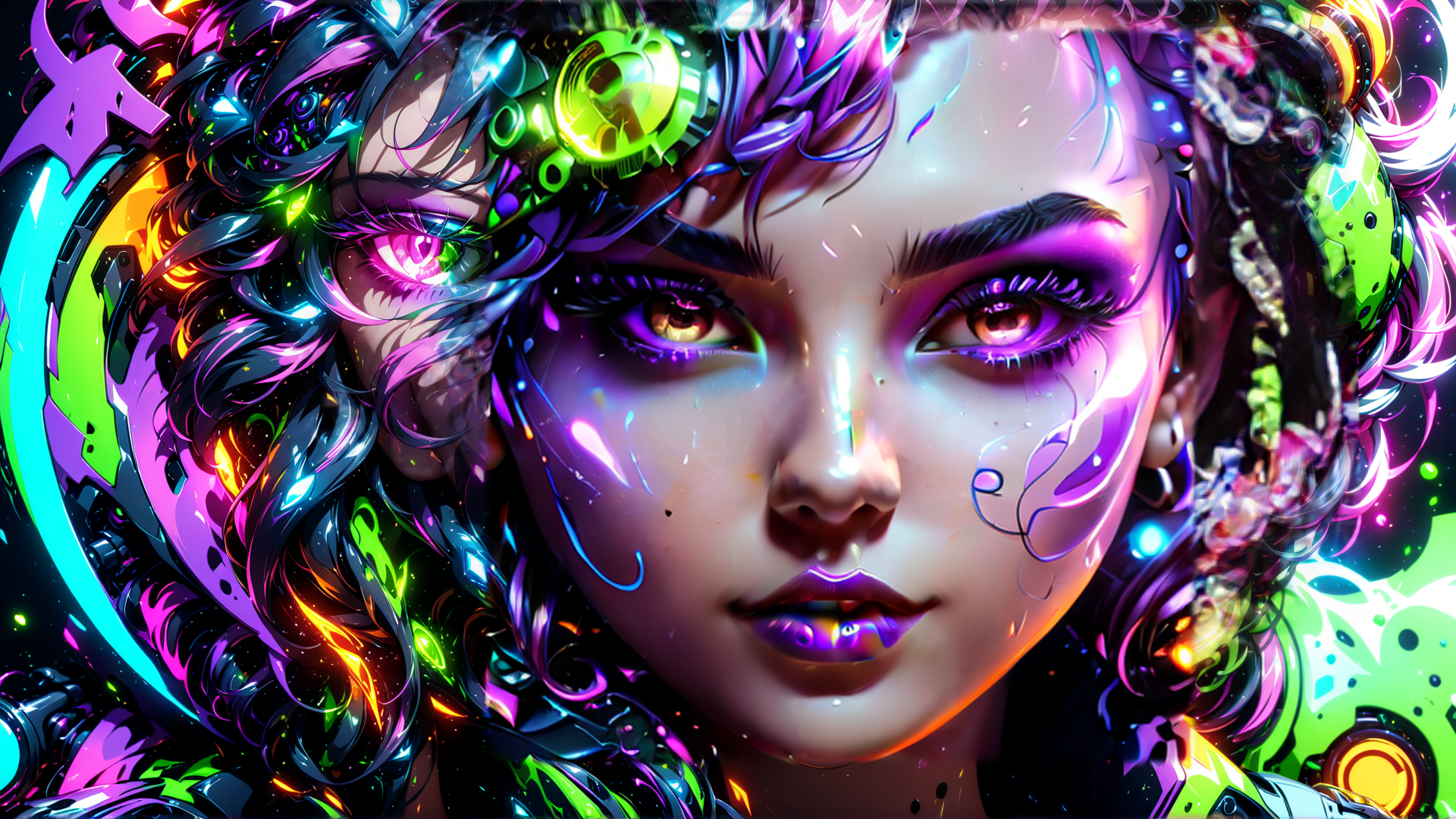 AI generated wallpaper featuring cybernetic, woman, neon