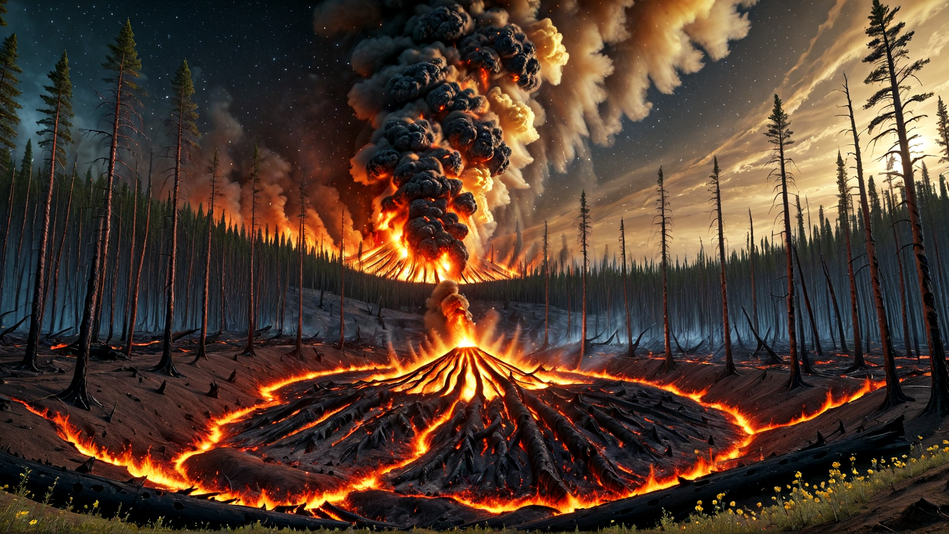 AI generated wallpaper featuring volcano, forest, trees, lava, smoke, fire, sky, stars, ground, bushes