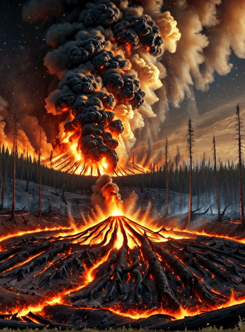 volcano, forest, trees, lava, smoke, fire, sky, stars, ground, bushes