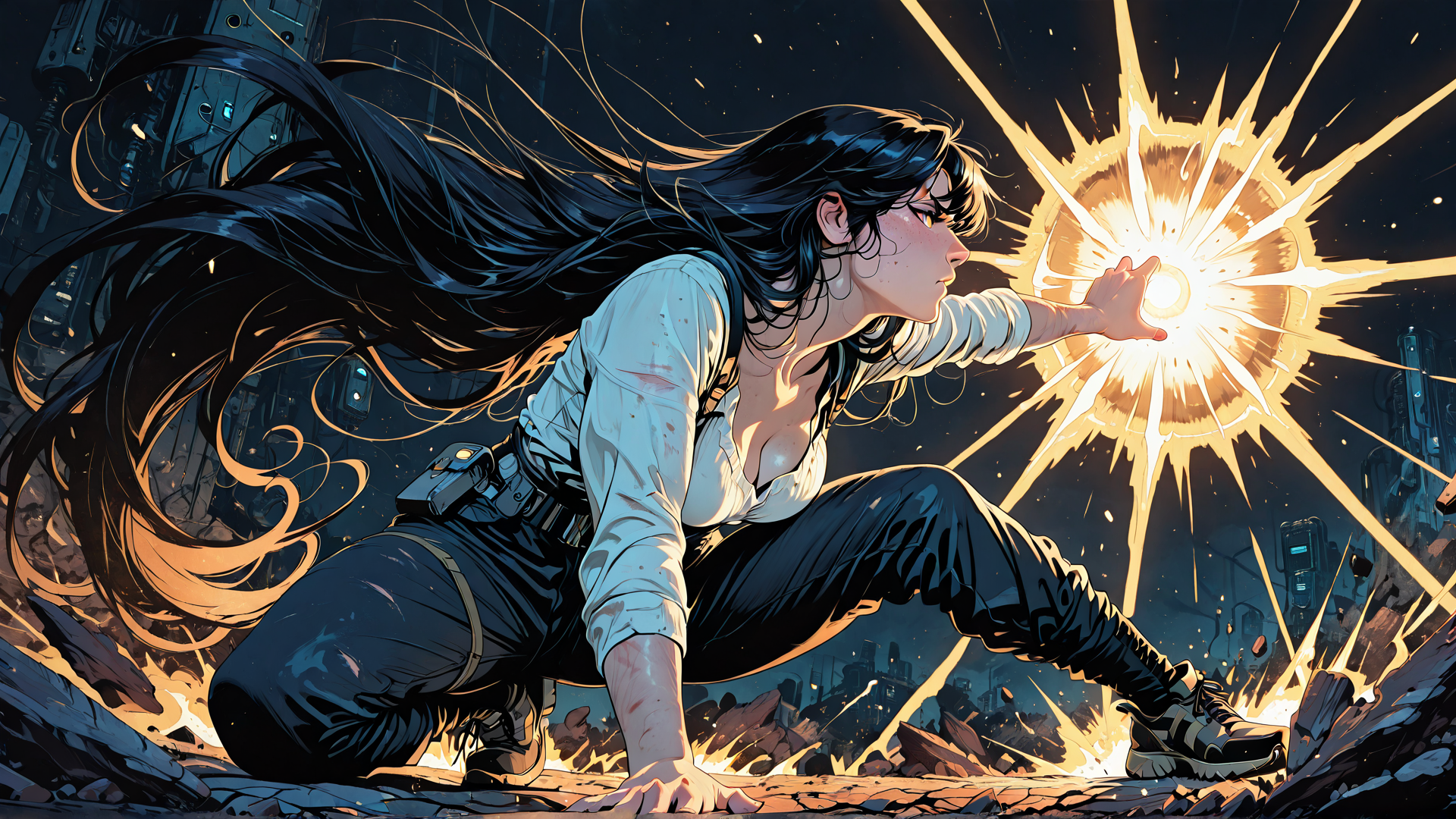 AI generated wallpaper featuring woman, exploding, cityscape, long hair, power, shoes, belt