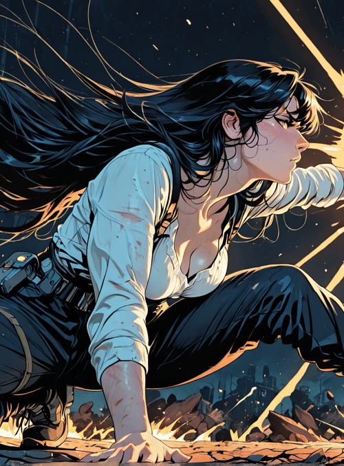 woman, exploding, cityscape, long hair, power, shoes, belt