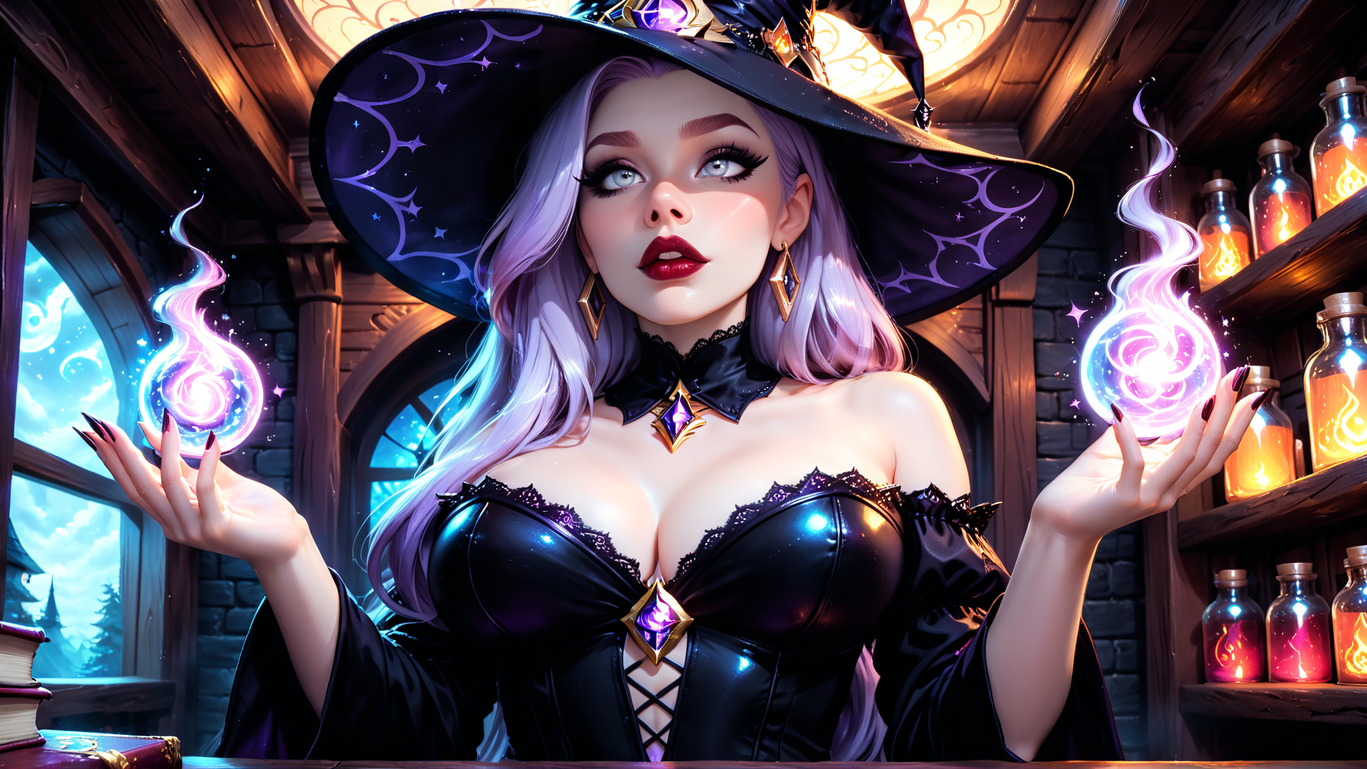 AI generated wallpaper featuring witch, magic spheres, bookshelf, cauldron, candle, window, cape, hats, jewelry, books