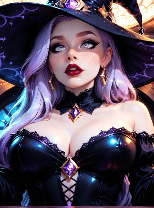 witch, magic spheres, bookshelf, cauldron, candle, window, cape, hats, jewelry, books