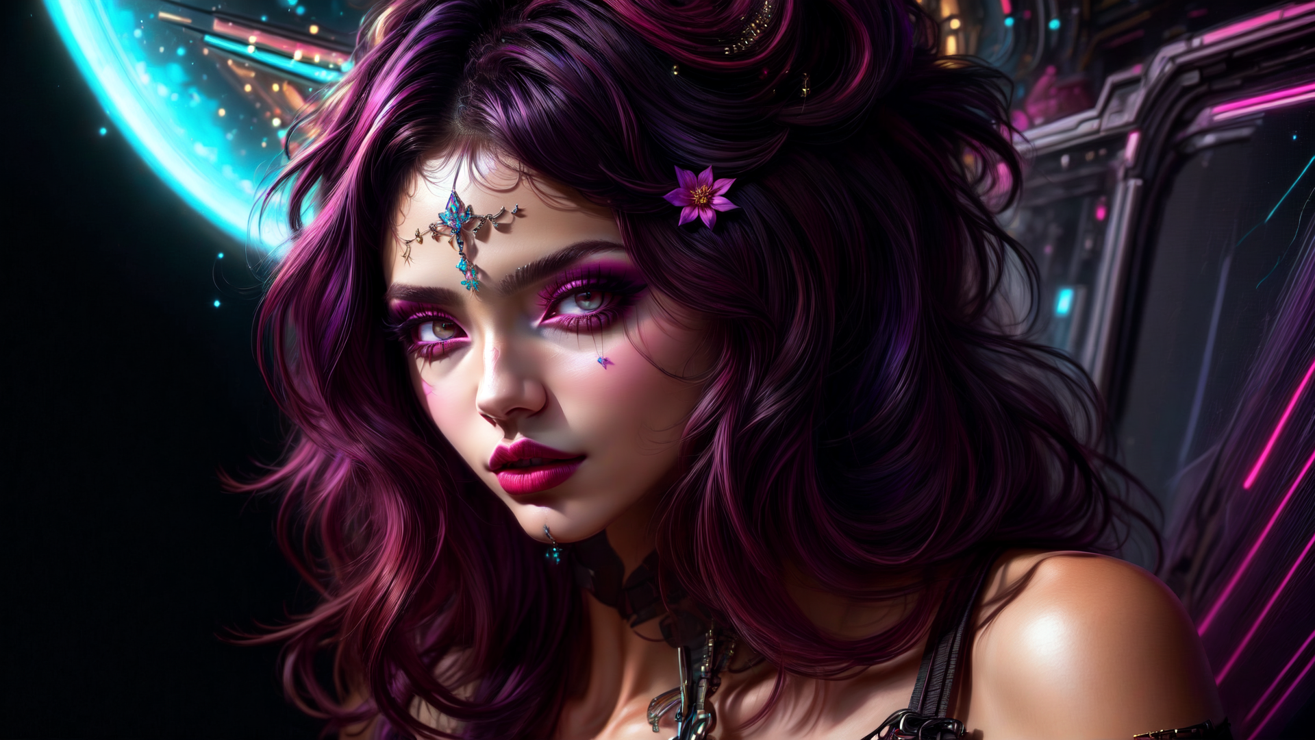 AI generated wallpaper featuring woman, hair, fashion, headband, flower, choker, glasses, shoulder, necklace, lips