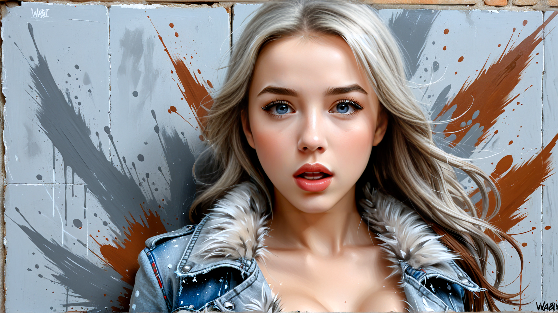 AI generated wallpaper featuring woman, blonde, jacket, wall, paint, art