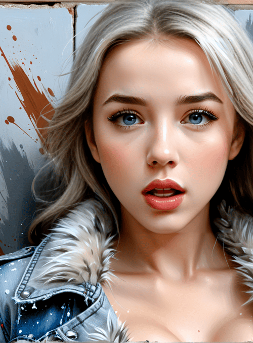 woman, blonde, jacket, wall, paint, art