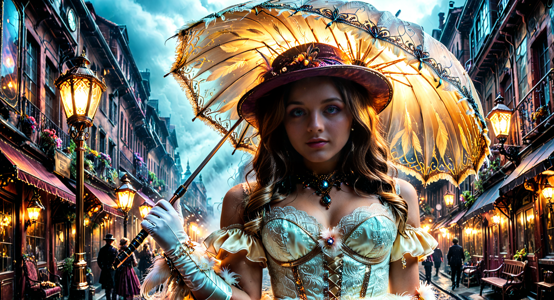 AI generated wallpaper featuring woman, umbrella, street