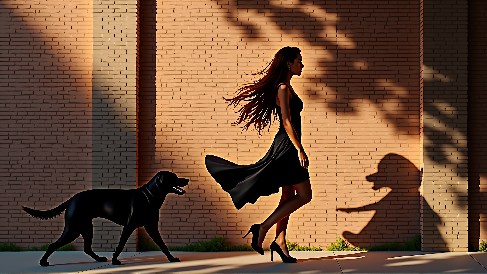 AI generated wallpaper featuring woman, dog, bricks, shadow