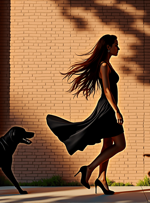 woman, dog, bricks, shadow