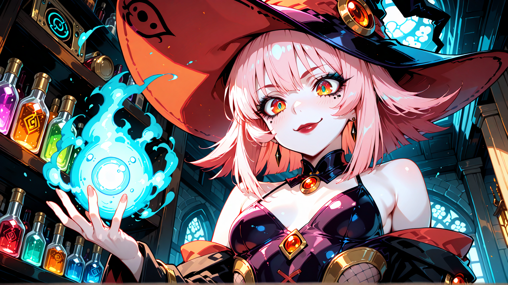 AI generated wallpaper featuring witch, woman, bottle, magic, glow, hat, laboratory, goggles, crown, gem