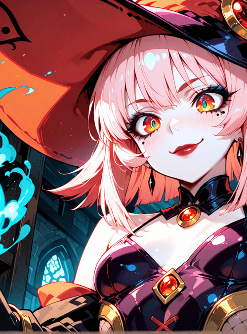 witch, woman, bottle, magic, glow, hat, laboratory, goggles, crown, gem