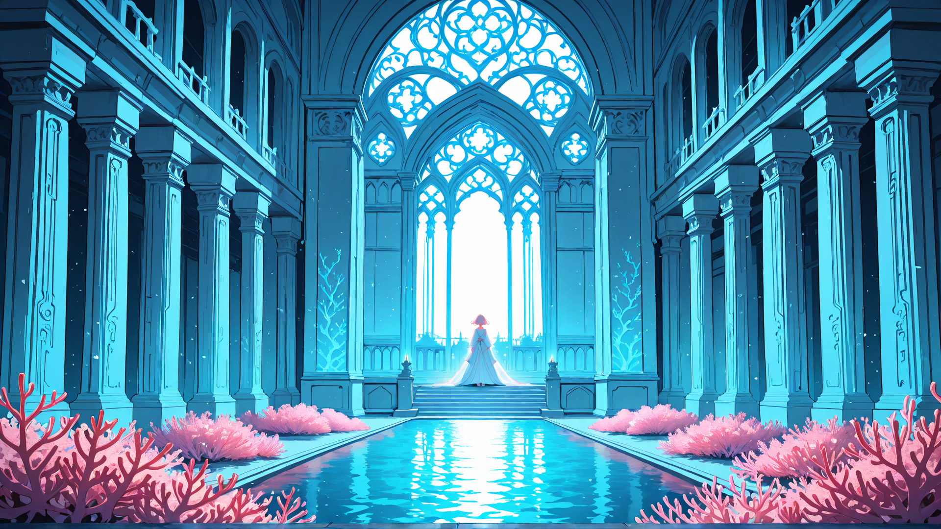 AI generated wallpaper featuring woman, coral, church, staircase, water