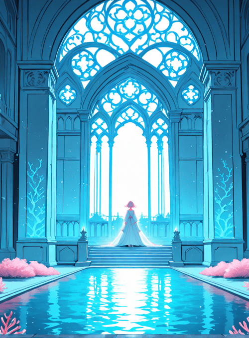 woman, coral, church, staircase, water
