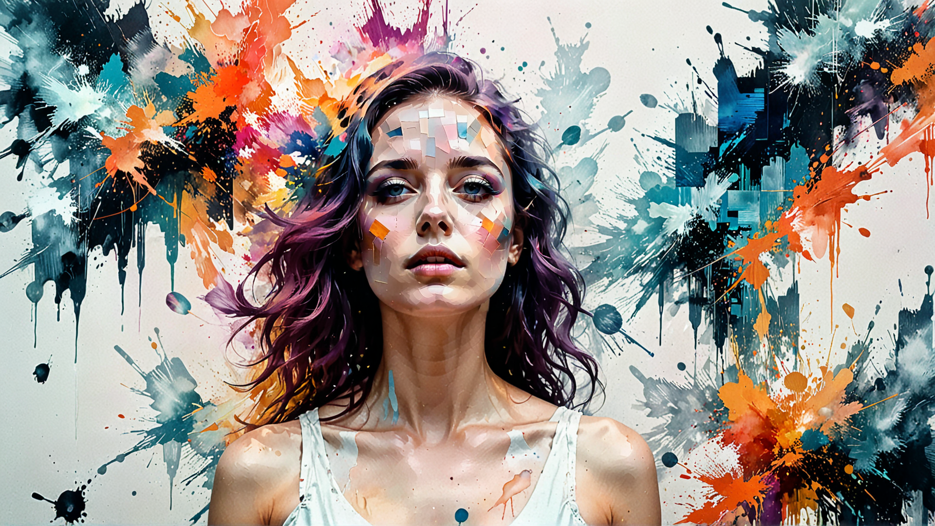 AI generated wallpaper featuring woman, art, portrait, paint, splash, ink, spray, color, canvas, splash
