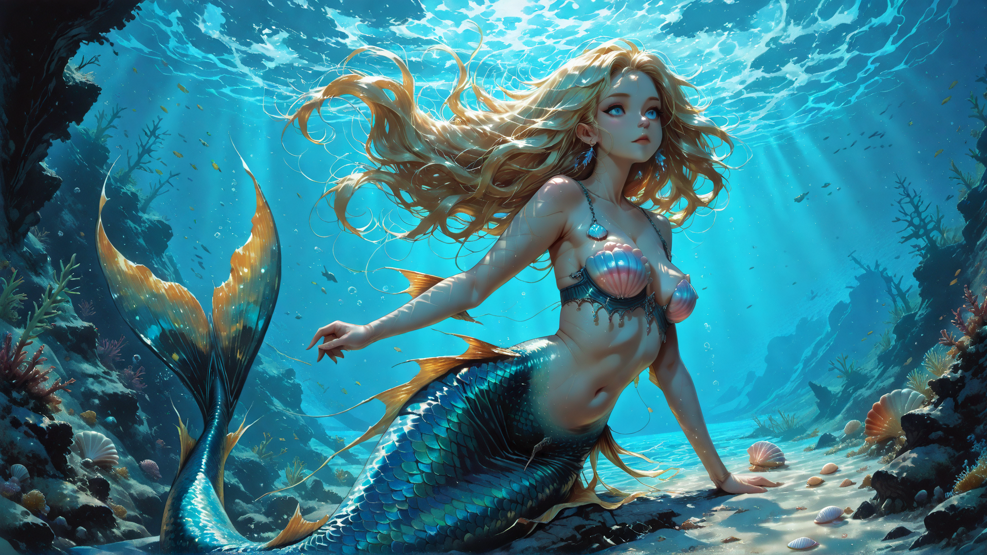AI generated wallpaper featuring mermaid, seaweed, coral, fish, shell, sunlight, water, sand, reef, tail