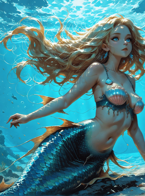 mermaid, seaweed, coral, fish, shell, sunlight, water, sand, reef, tail