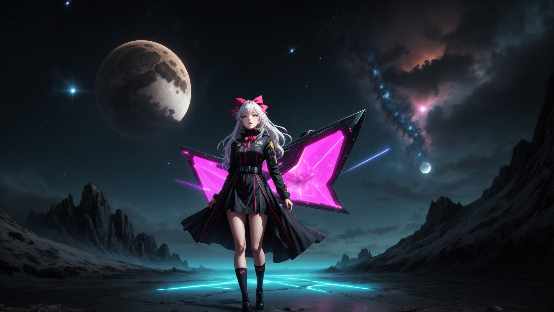 AI generated wallpaper featuring girl, anime, spaceship, planet, stars, moon, mountain, nebula, bow, wing