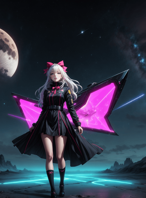 girl, anime, spaceship, planet, stars, moon, mountain, nebula, bow, wing