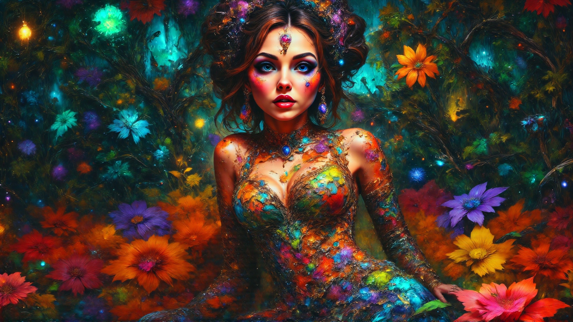 AI generated wallpaper featuring woman, flowers, forest, jewelry, dress