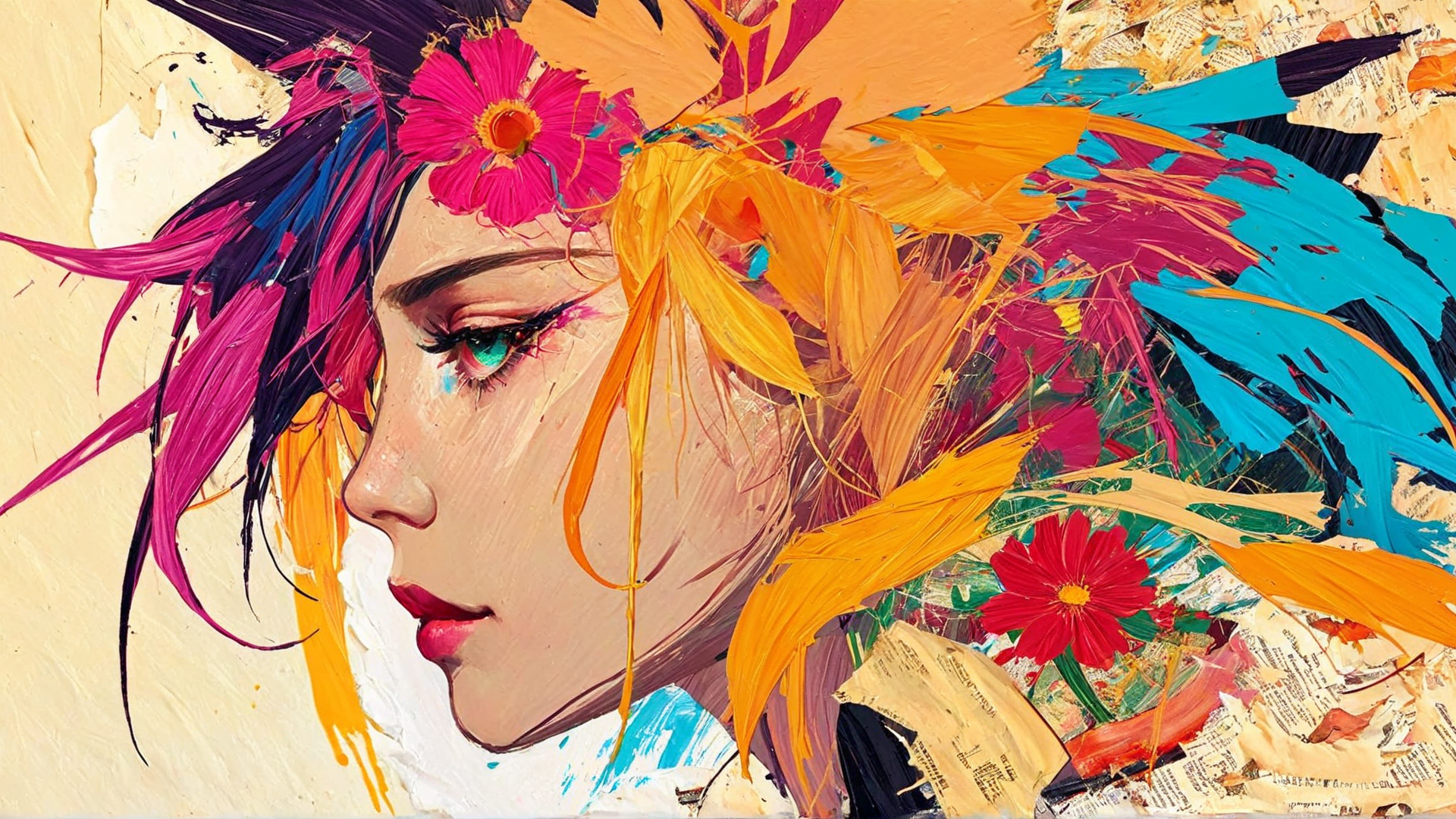 AI generated wallpaper featuring woman, flowers, feathers