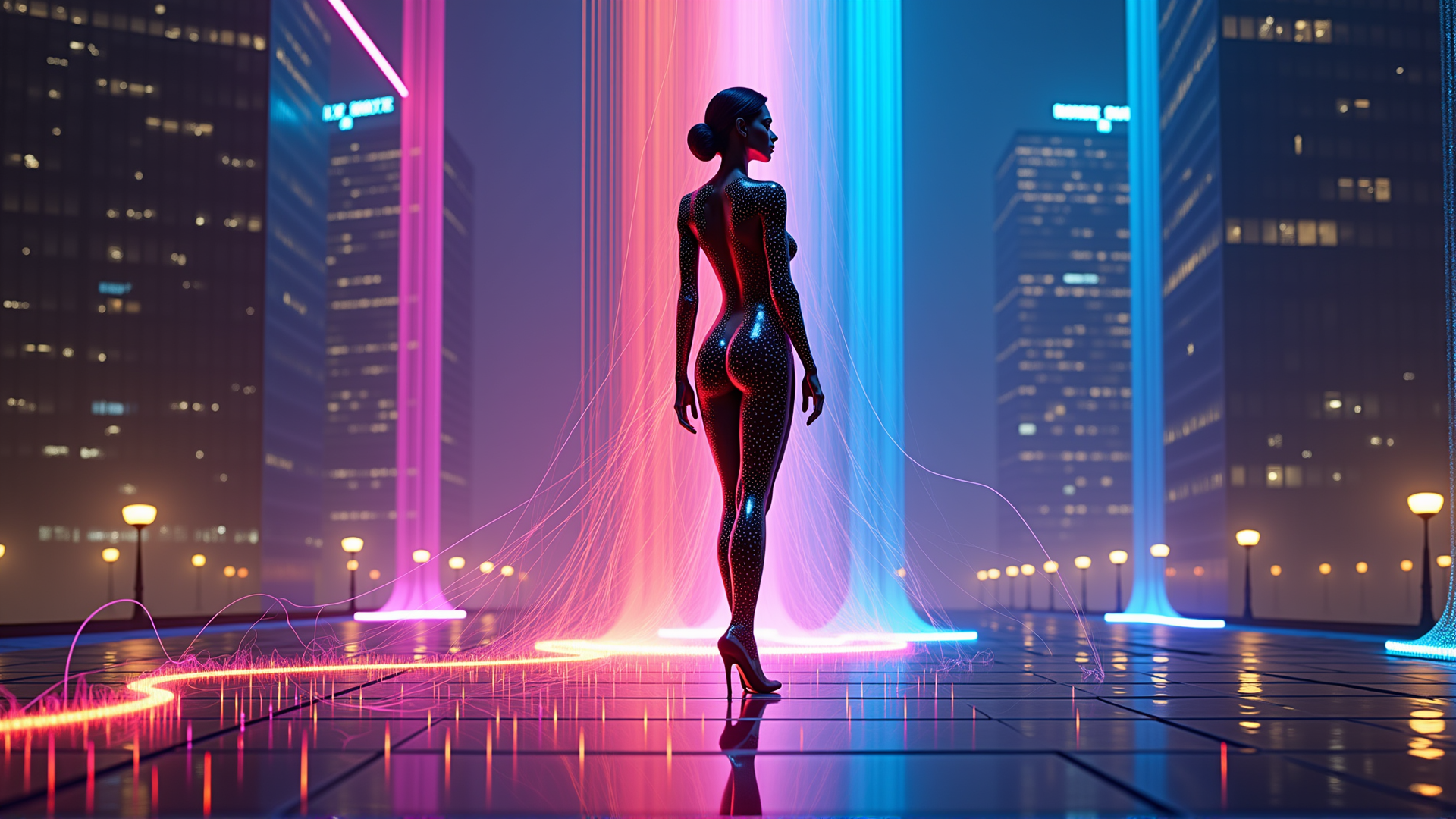 AI generated wallpaper featuring woman, cityscape, neon, silhouette, cyberpunk, digital, buildings, light, futuristic, glow