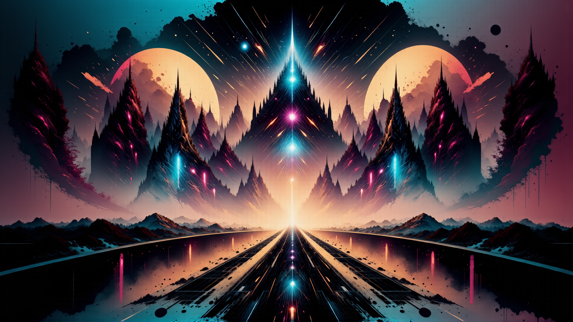 AI generated wallpaper featuring mountain, road, city, sun, star, sky, space, light, building, planet