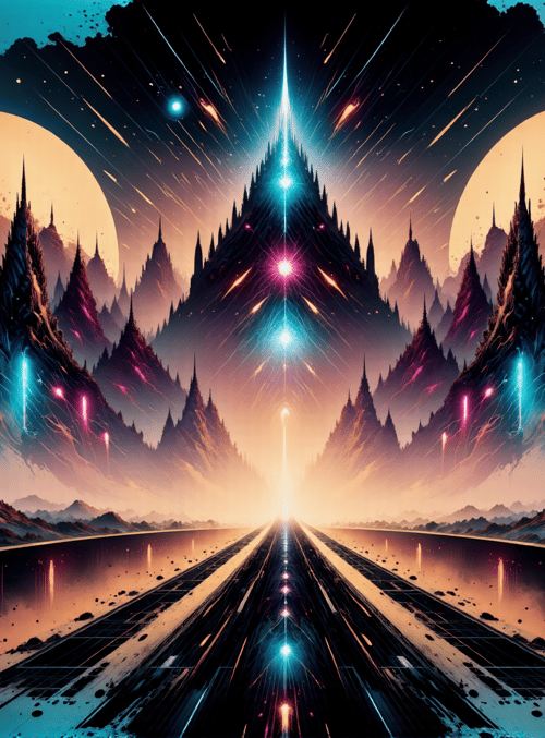 mountain, road, city, sun, star, sky, space, light, building, planet